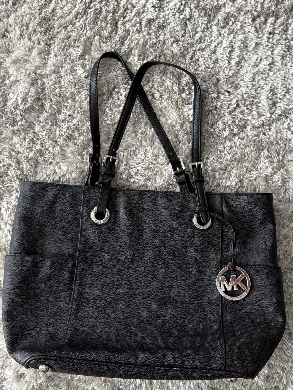 Michael Kors Black Leather Tote with Silver MK Charm